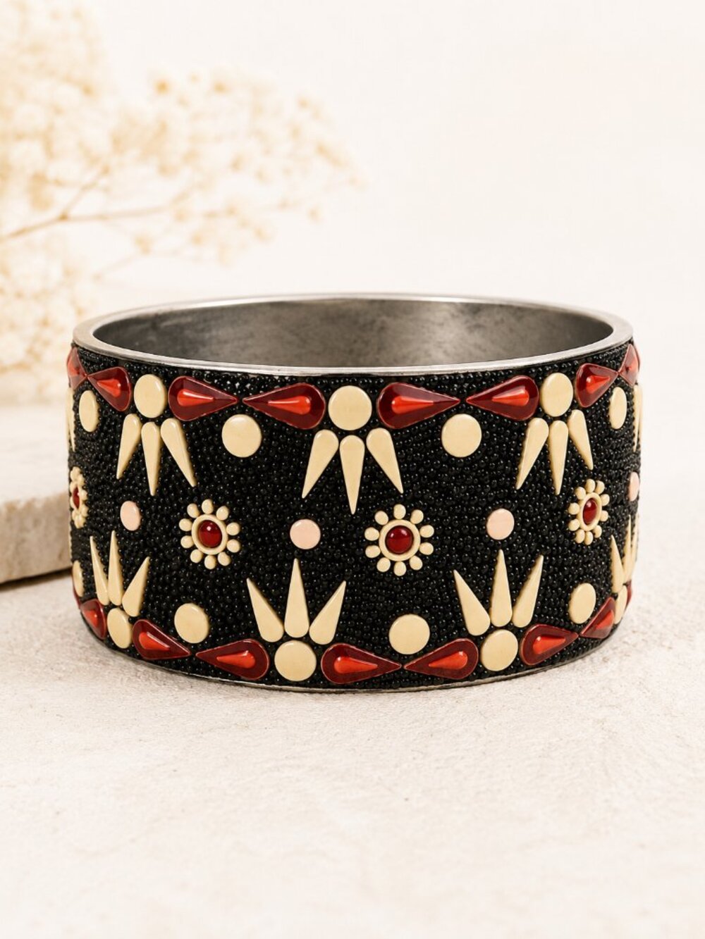 Vintage Wide Metal Bangle Black Red Ivory Seed Bead Mosaic